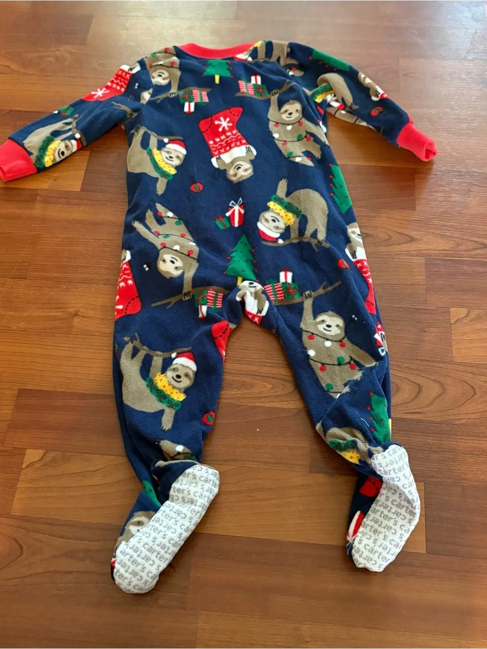 Carter's Navy Blue Holiday Sloth Footed One-Piece Pajamas with Red Trim 12 month